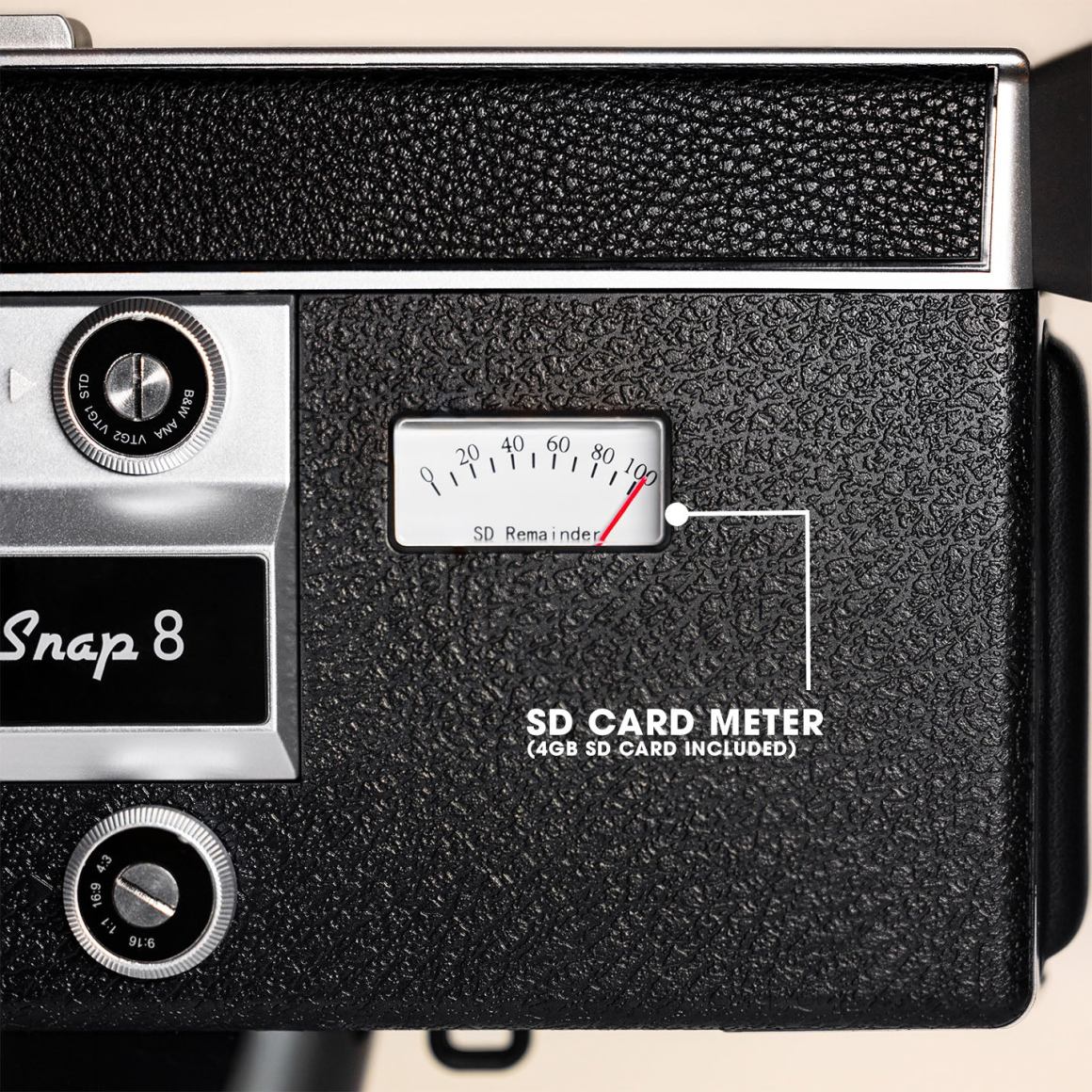 Close-up of a vintage camera with a textured surface, displaying an SD card meter indicating the remaining storage, labeled 'SD Remaining'.