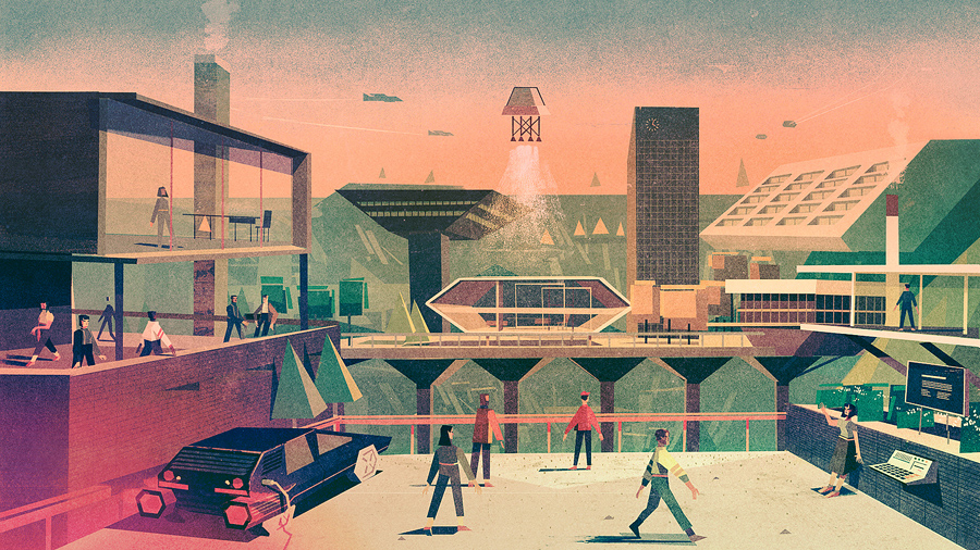 Matthew Lyons flat-color illustration of a retro futuristic scene