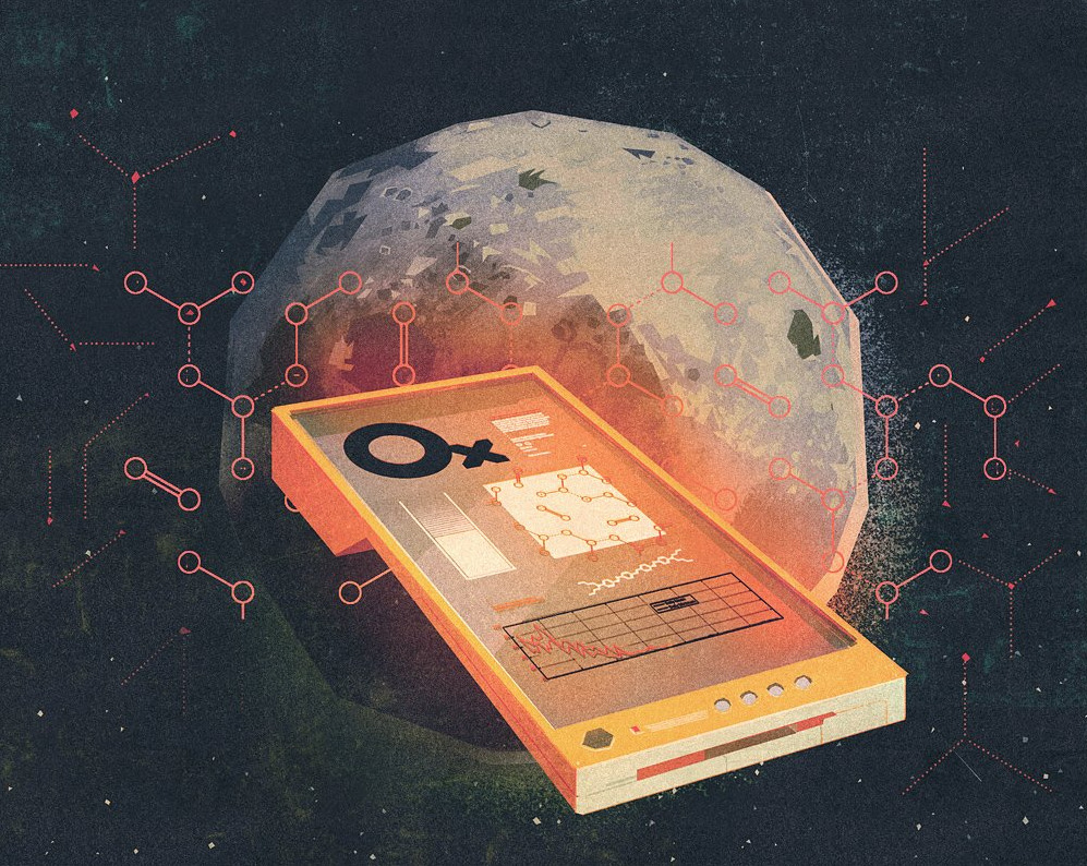 An illustration of a smartphone displaying a scientific interface, with a planet in the background and molecular structures surrounding it.
