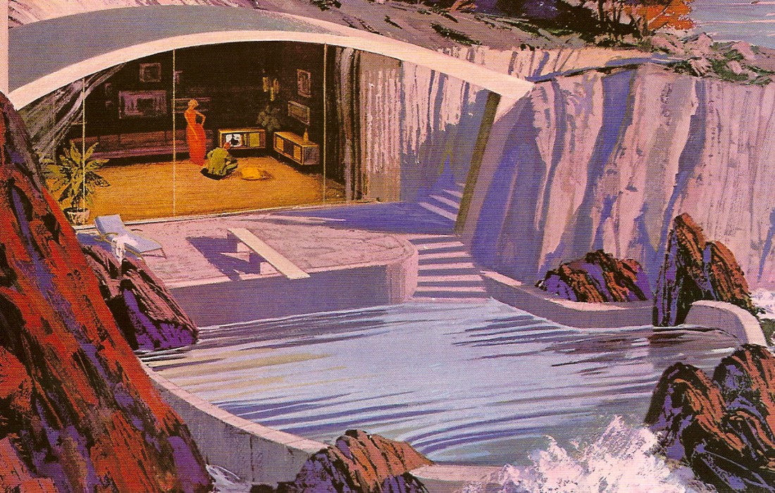 Charles Schridde painting for Motorola of a house built into a cliff beside a waterfall, a woman watching television behind its glass wall