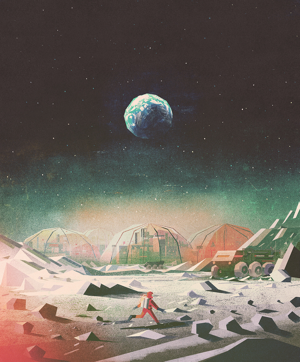A digitally rendered astronaut walking on a rocky moon-like surface with futuristic habitats in the background and Earth visible in the sky.