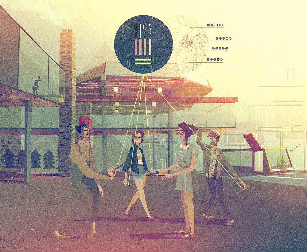 An illustration of four people interacting outside a modern building, with abstract graphics and lines connecting them to an icon featuring utensils. The scene has a stylized, artistic quality.