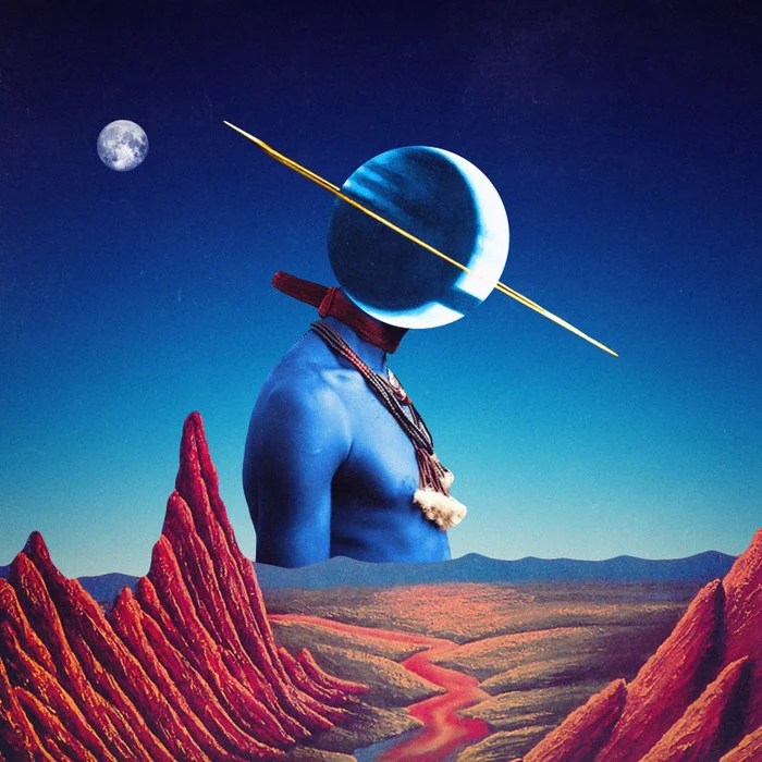A surreal digital artwork depicting a blue figure with a planet for a head, set against a vibrant landscape featuring red mountains and a winding river under a starry sky.