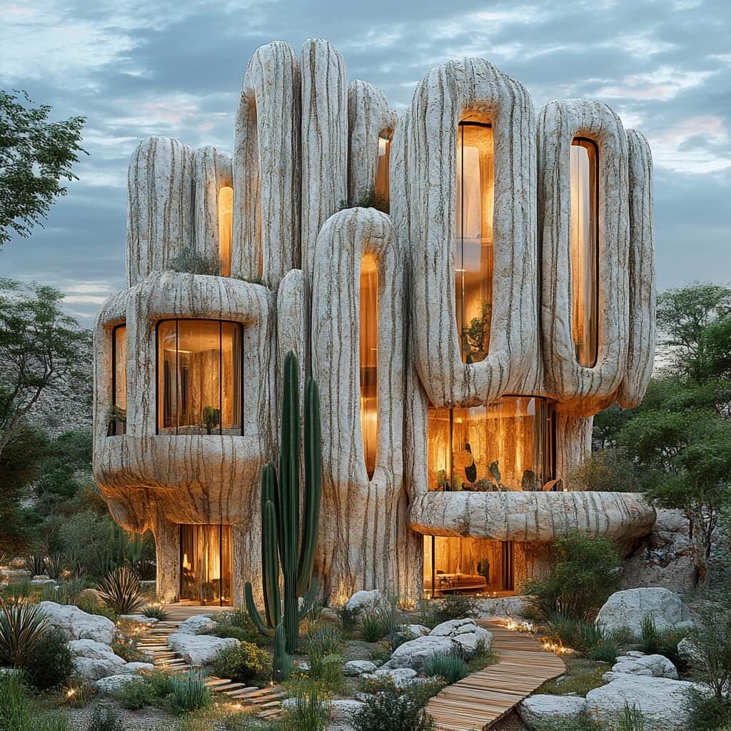 A unique modern house with sculptural, textured concrete walls and large windows, surrounded by desert landscaping and cacti.