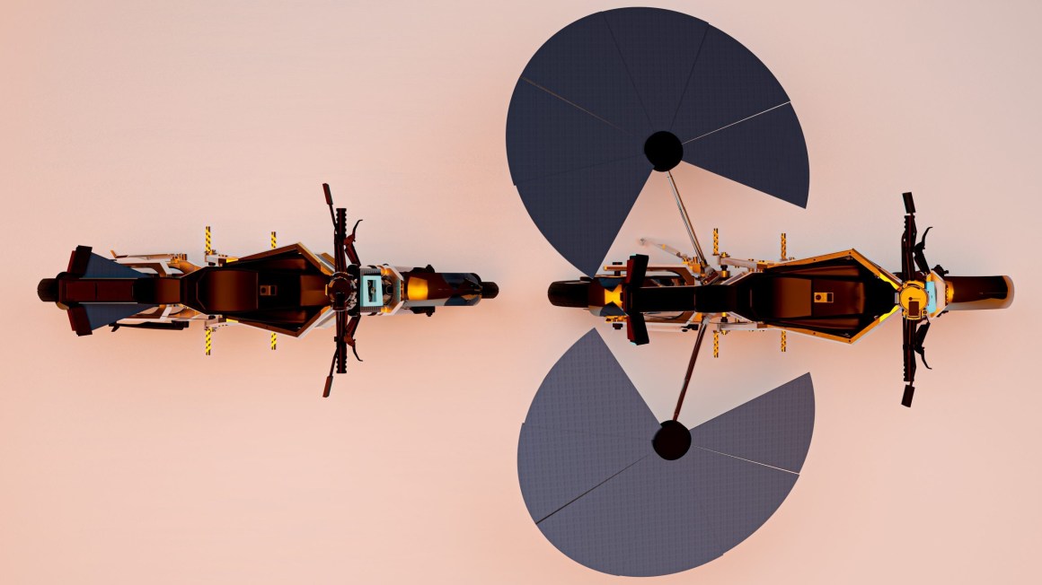 Top view of two futuristic motorcycles equipped with large solar panels on either side, showcasing their unique design and technology.