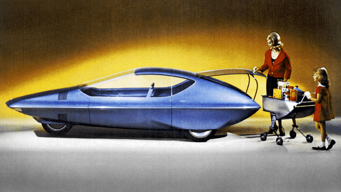 A futuristic, aerodynamic blue concept car with a sleek design, parked next to a woman and a girl holding a shopping cart, set against a yellow background.