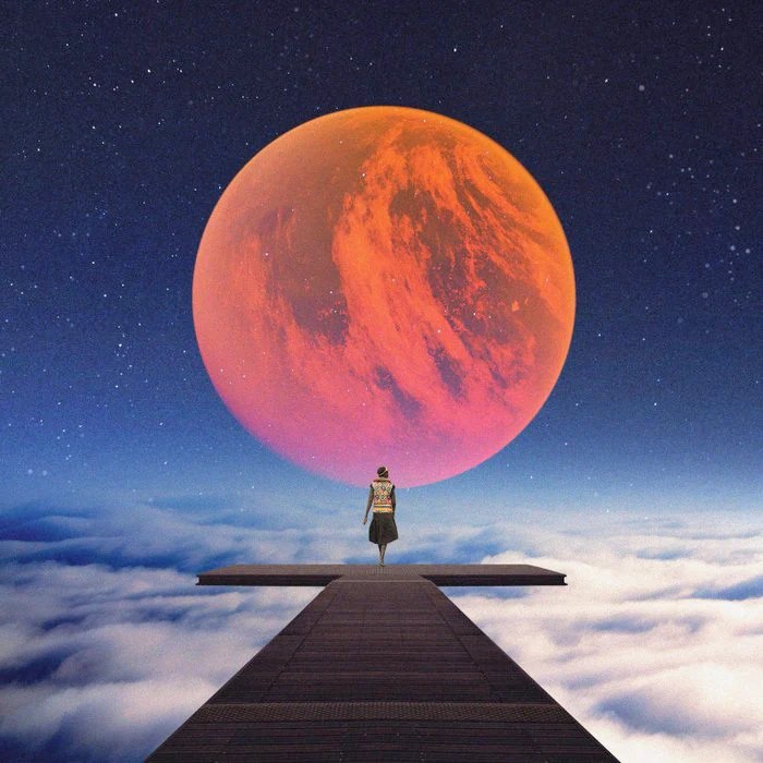 A figure stands on a platform above the clouds, gazing at a large, vibrant orange planet against a starry sky.