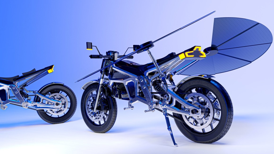 Two futuristic motorcycles displayed against a blue gradient background, highlighting their sleek metallic designs and unique features.