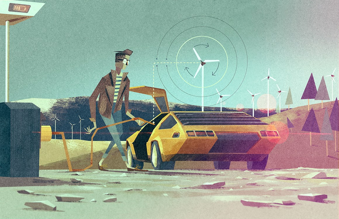 A stylized illustration of a person with glasses and a jacket standing next to an open yellow car, with a wind turbine in the background and abstract circular signals emanating from the car.