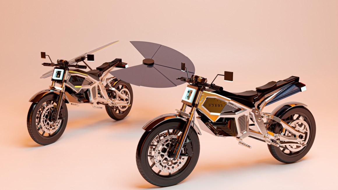 Two futuristic electric motorcycles with sleek designs and unique attachments, set against a light background.