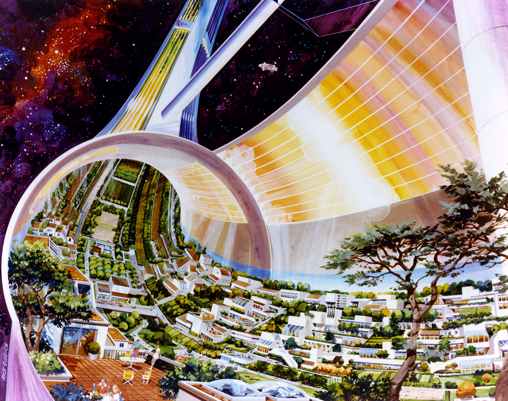 1970s NASA concept painting of a space colony interior, terraced homes and gardens curving up the inside of a giant rotating ring
