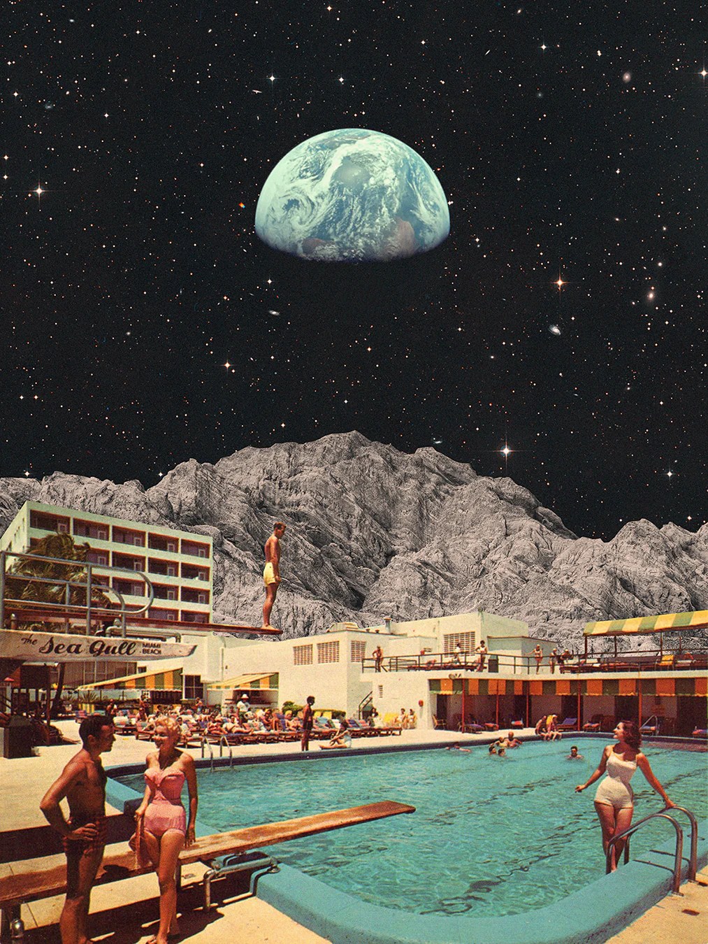 A surreal collage featuring a swimming pool scene from a vintage resort with people lounging, diving, and swimming, set against a starry background with Earth visible in the sky.