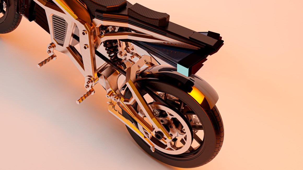 Close-up view of the rear section of a motorcycle showcasing intricate mechanical details and a shiny black tire against a soft gradient background.