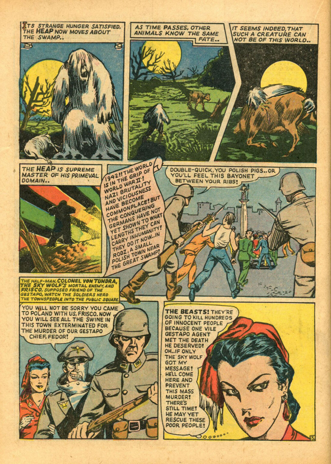 Comic page from Air Fighters Comics No. 3, 1942, three moonlit panels of a tall shaggy white creature standing before a huge yellow moon and bare trees, stalking a calf across a green bog, then a silhouette of the creature against red, green and yellow rays above Nazi soldiers in a town square