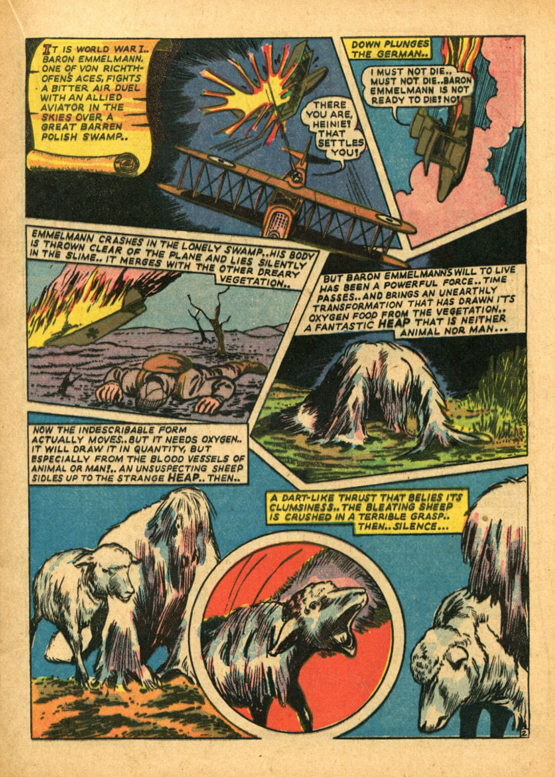 Comic page from Air Fighters Comics No. 3, 1942, showing a World War I biplane dogfight over a dark sky with a green plane falling in flames, a pilot lying face down in purple swamp slime, and a shaggy white mound-like creature rising from the green marsh and crushing a sheep