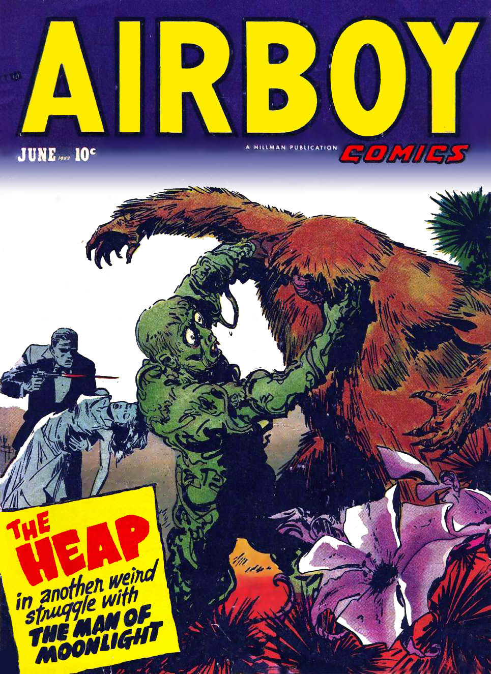 Airboy Comics cover, June 1952, by Ernest Schroeder, showing a lumpy slimy green creature with bulging eyes and dripping vines wrestling a huge shaggy rust-red ape-beast while a man in a suit stabs at the beast and carries a pale limp woman, giant lavender flowers in the foreground, yellow masthead on purple