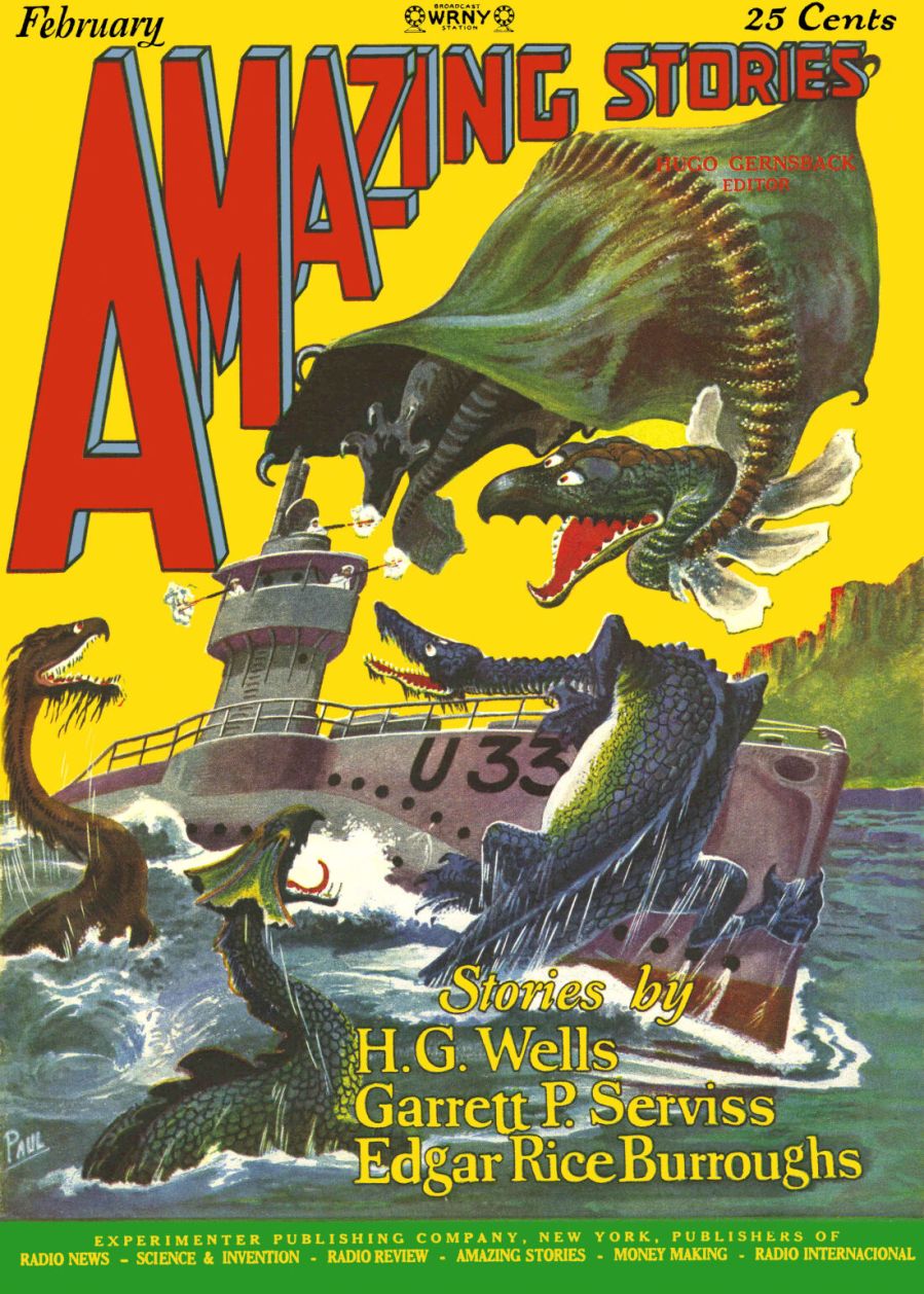 Frank R. Paul cover for Amazing Stories, February 1927, sea serpents and a winged dragon attacking submarine U 33