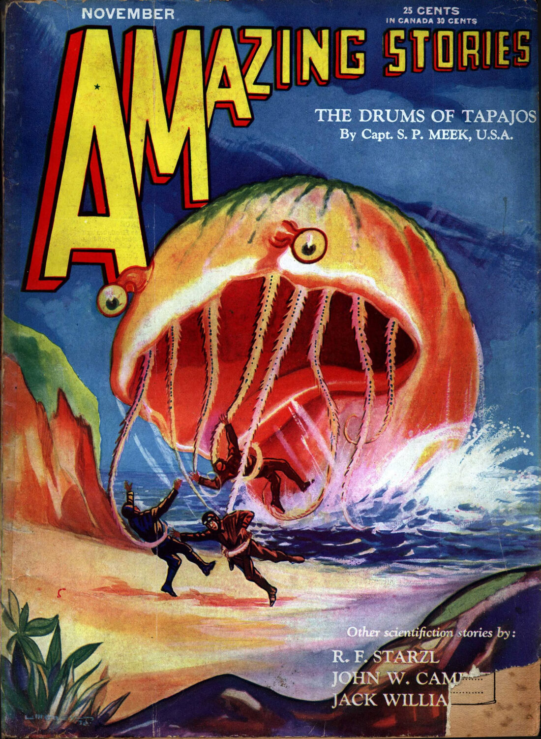 Amazing Stories cover, November 1930, a huge translucent orange creature with goggling stalk eyes and dangling tendrils gaping its red mouth over the surf as two tiny men in dark suits are pulled toward it, blue background