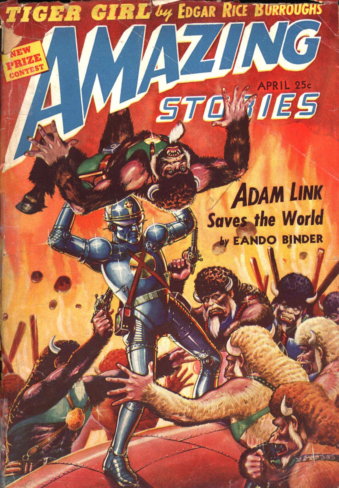 Cover of Amazing Stories, April 1942, by Robert Fuqua, the silver robot Adam Link fighting off a crowd of fur-clad attackers on a red background, with the words Adam Link Saves the World by Eando Binder
