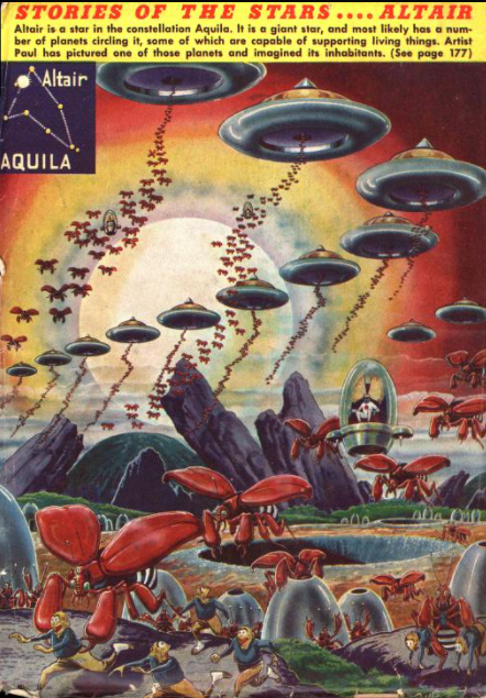 Back cover of Amazing Stories, August 1946, by Frank R. Paul: a fleet of domed, disc-shaped craft descending over an alien landscape of red crab-like creatures, under the heading Stories of the Stars, Altair