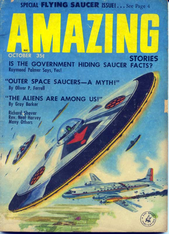 Cover of Amazing Stories, October 1957, a special flying saucer issue: a blue and red saucer swoops past a propeller airliner, with cover lines including Is the government hiding saucer facts?