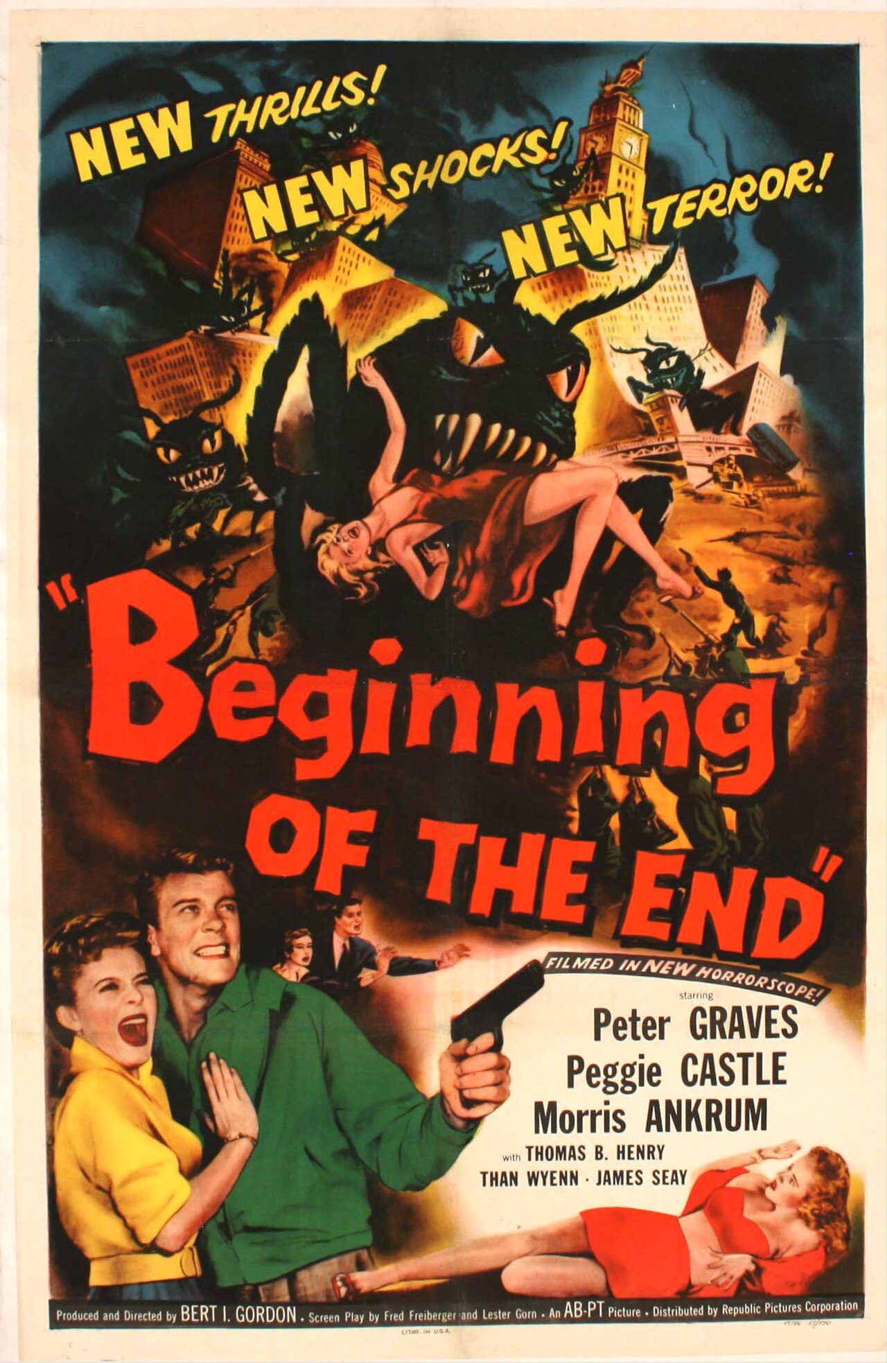 One-sheet poster for Beginning of the End from 1957, giant black locusts swarming over a toppling city tower, one clutching a woman in a red dress, with the title in huge red letters and Peter Graves aiming a pistol below while Peggie Castle clings to him