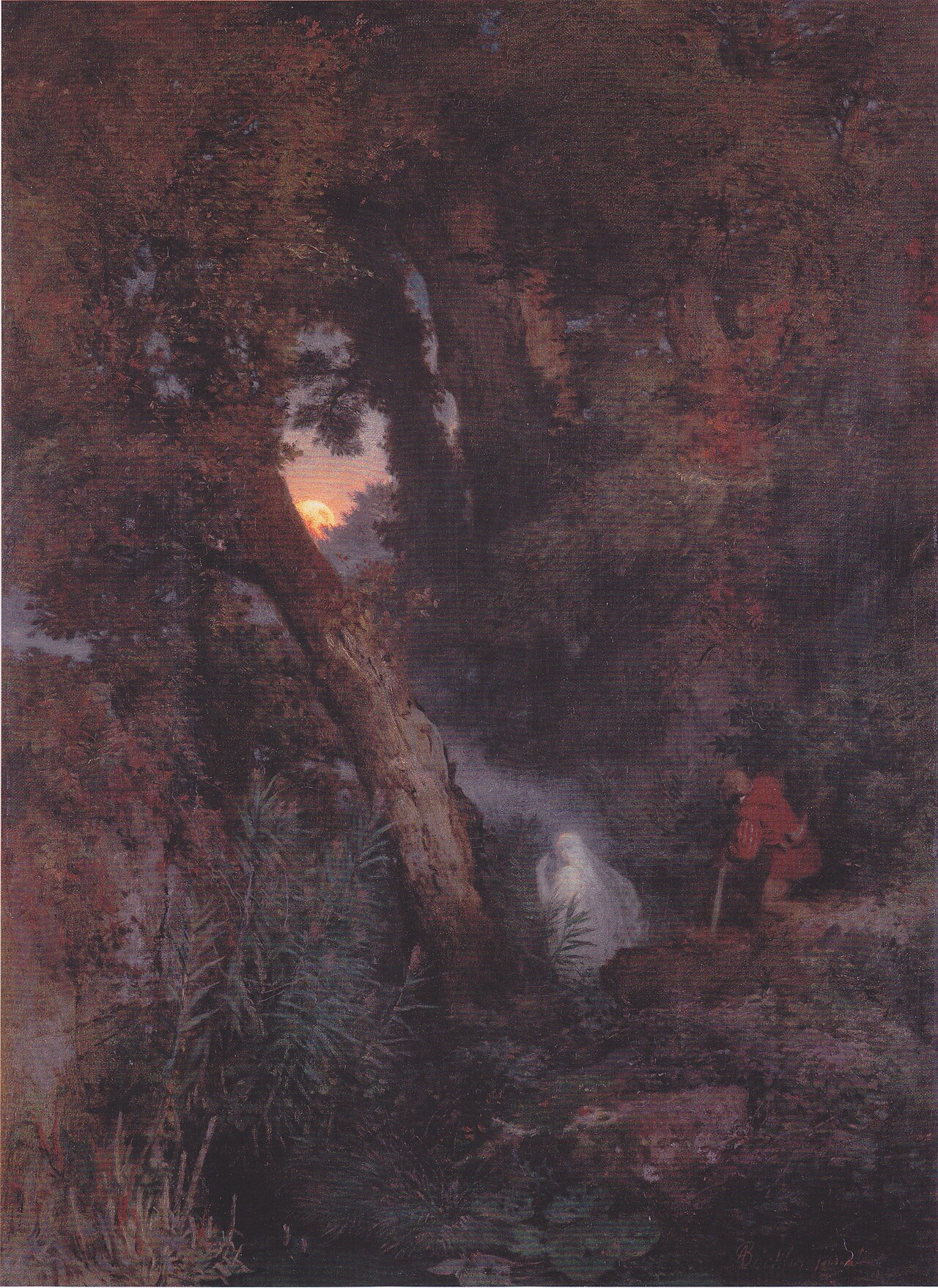 Arnold Böcklin painting Das Irrlicht, a dark rust-toned forest gorge at dusk with an orange setting sun glowing through the trees, a ghostly white veiled figure floating near a man in a red coat holding a staff
