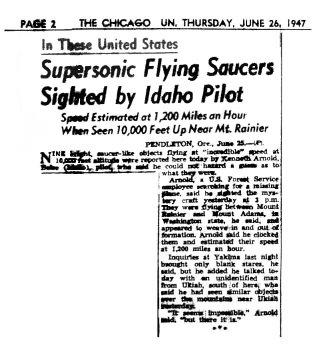Newspaper clipping from page 2 of the Chicago Sun, Thursday June 26, 1947, headlined Supersonic Flying Saucers Sighted by Idaho Pilot, speed estimated at 1,200 miles an hour when seen 10,000 feet up near Mt. Rainier