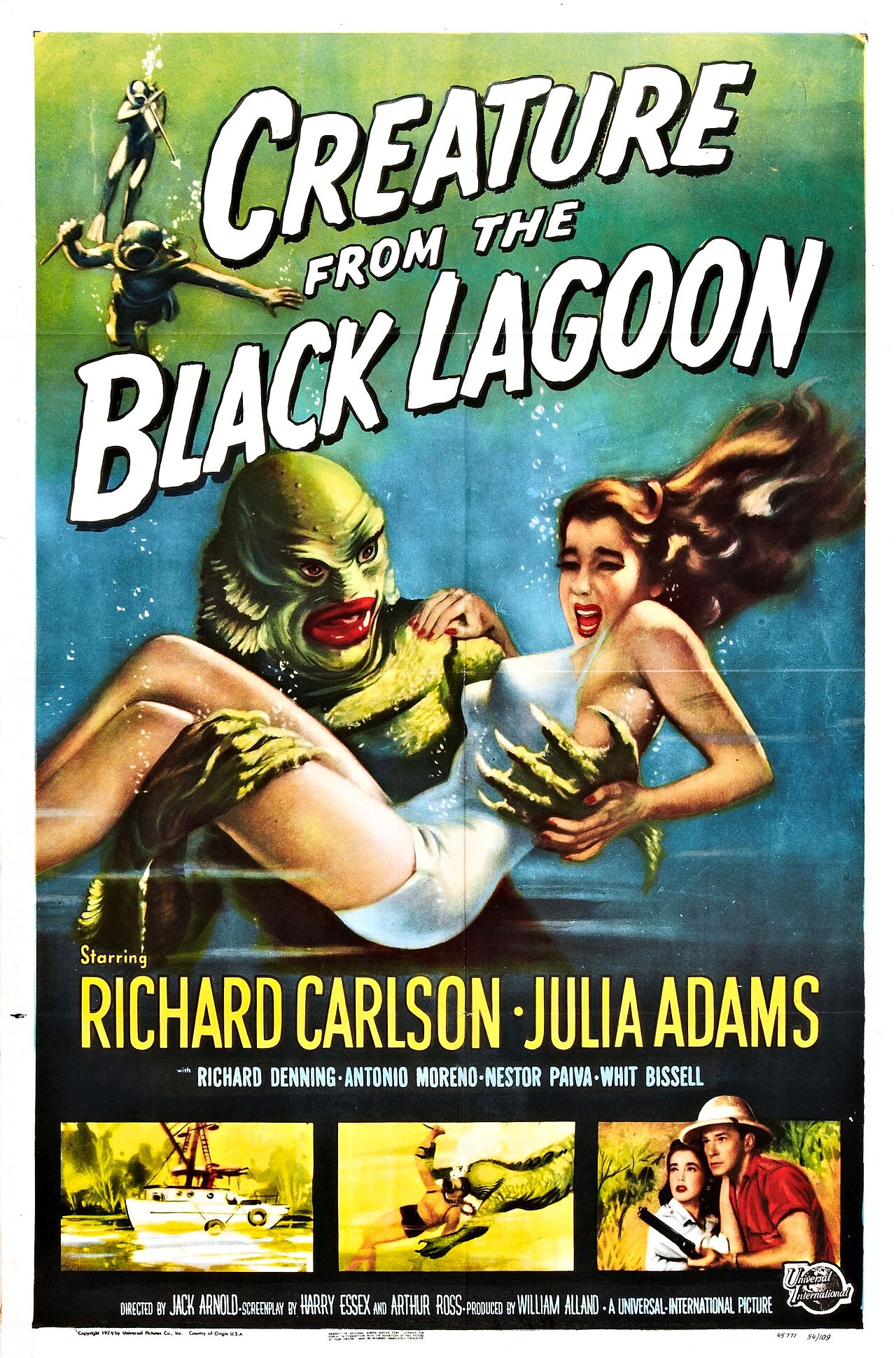 Reynold Brown one-sheet poster for Creature from the Black Lagoon, 1954, a teal and green underwater scene of the scaly green Gill-man with red lips and a webbed claw carrying Julie Adams in a white swimsuit, two helmeted divers swimming above, the title in big white brush lettering, and three small scene panels along the bottom