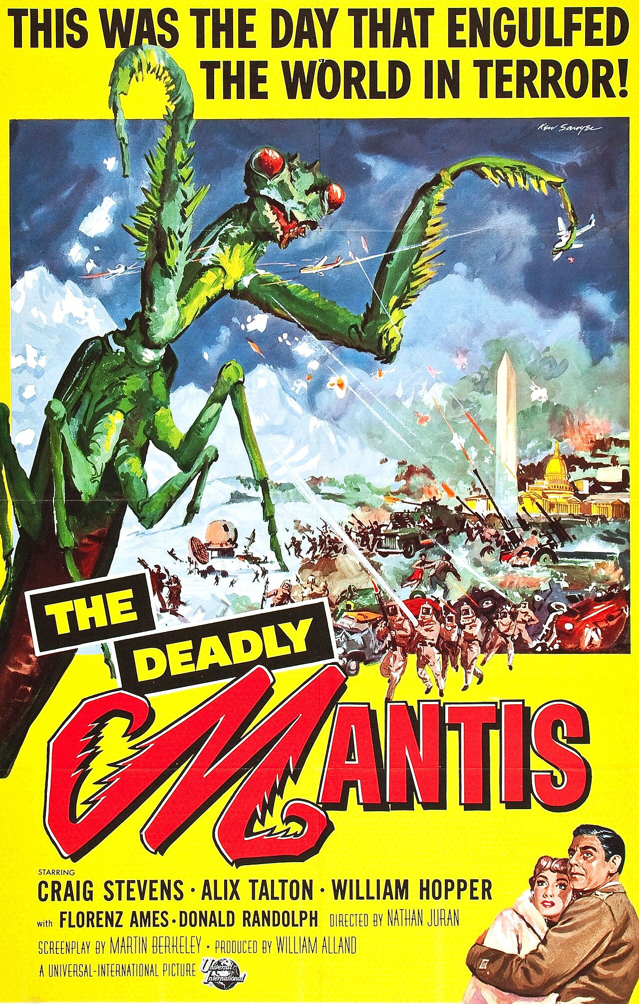 Ken Sawyer one-sheet poster for The Deadly Mantis from 1957, a giant green praying mantis with red eyes rearing over Washington D.C. beside the Washington Monument and a domed building, with fighter jets and tiny fleeing crowds on a yellow background