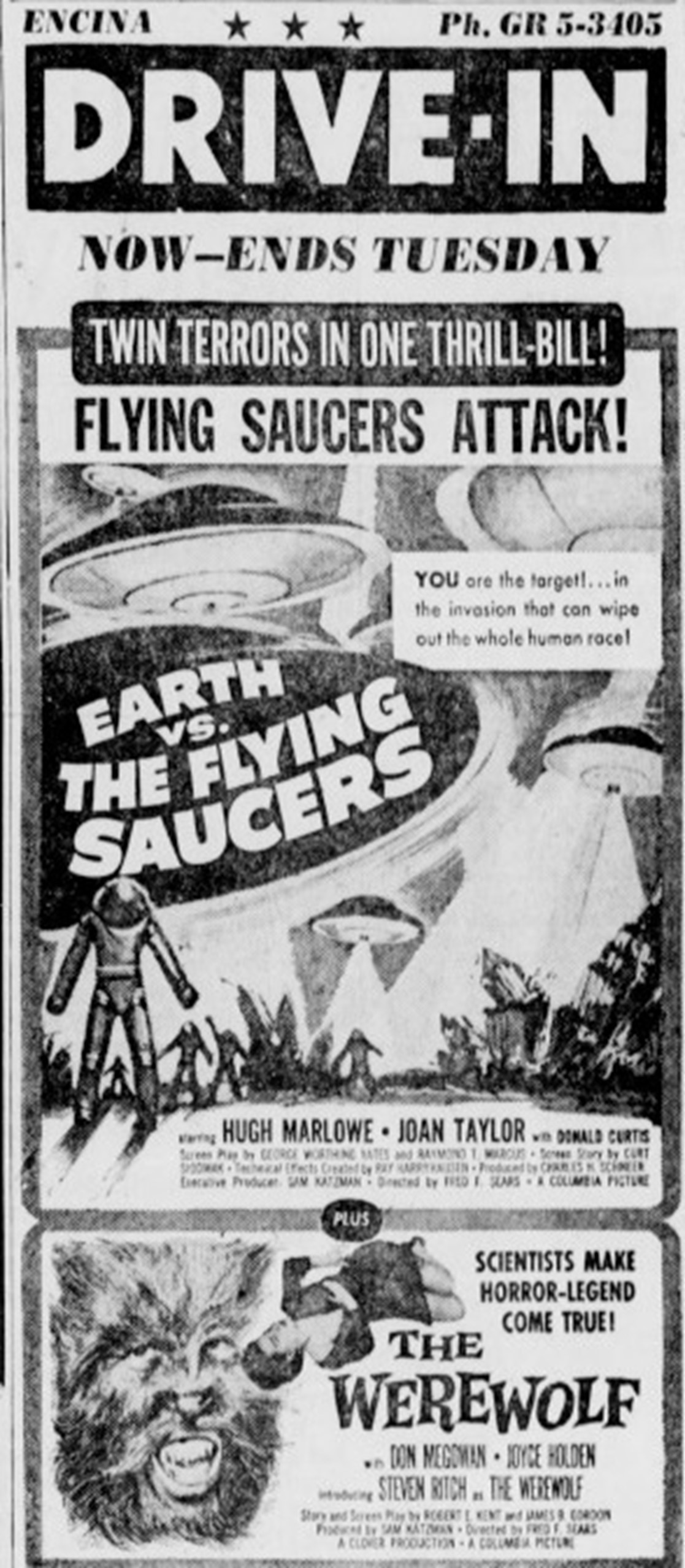 Tall black and white newspaper ad for the Encina Drive-In, August 1956, headed Flying Saucers Attack, with saucers firing rays over the title Earth vs. the Flying Saucers, double-billed with The Werewolf