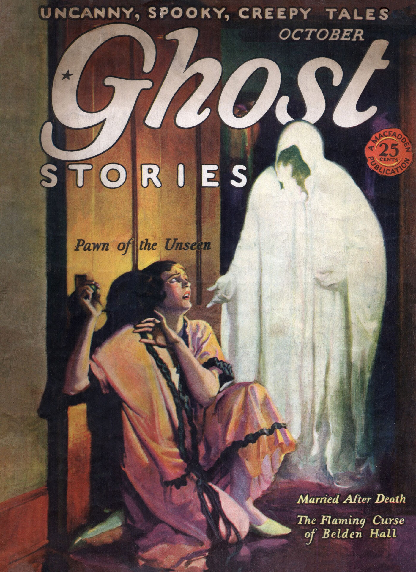 Cover of Ghost Stories magazine, October 1926, a frightened dark-haired woman in an orange robe shrinking against a doorway as a tall white-shrouded ghost glows beside her in a dark green room