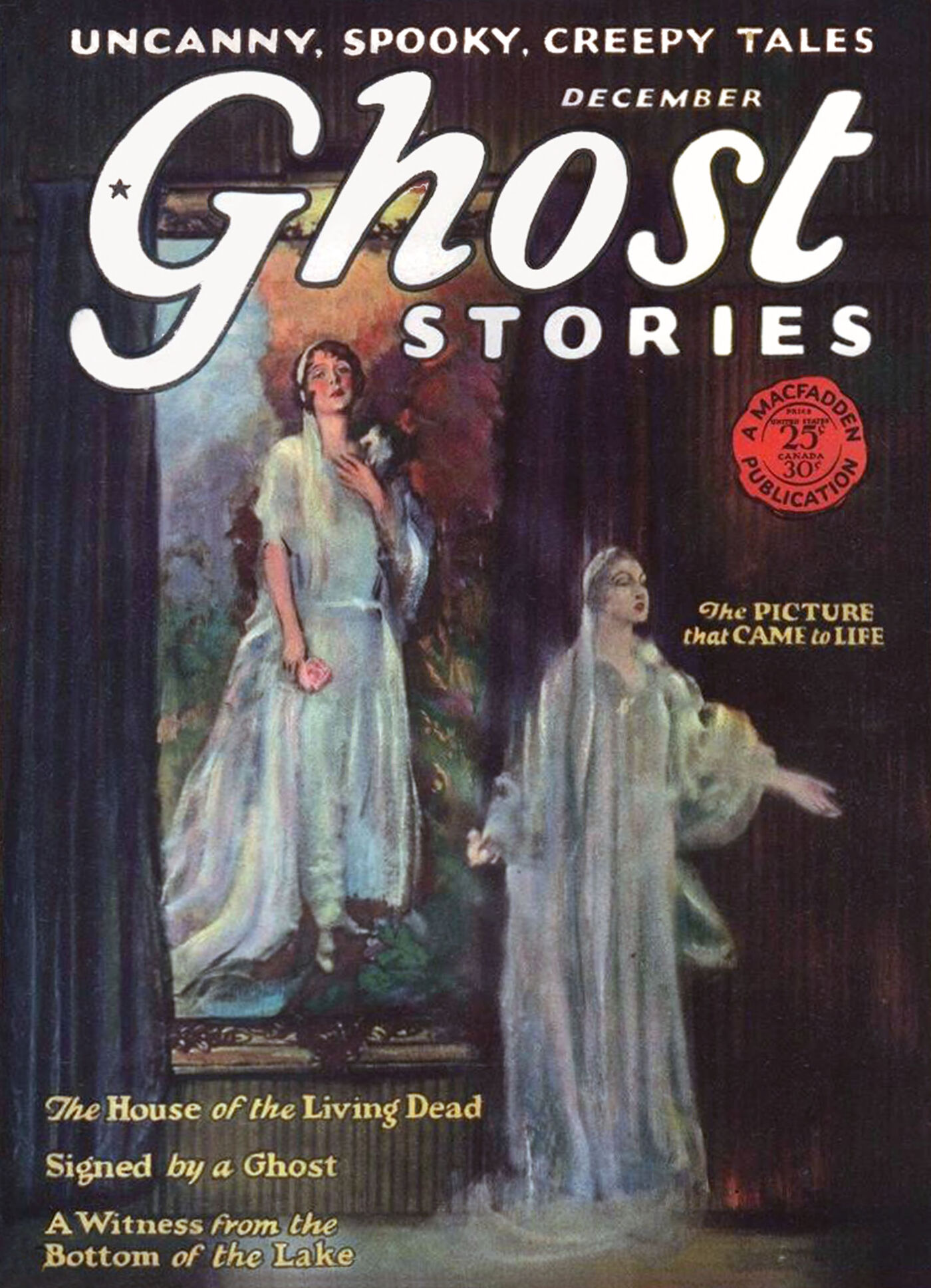 Cover of Ghost Stories magazine, December 1927, two pale women in flowing white gowns, one stepping down out of a large gilt picture frame toward the other in a dim pink and green room