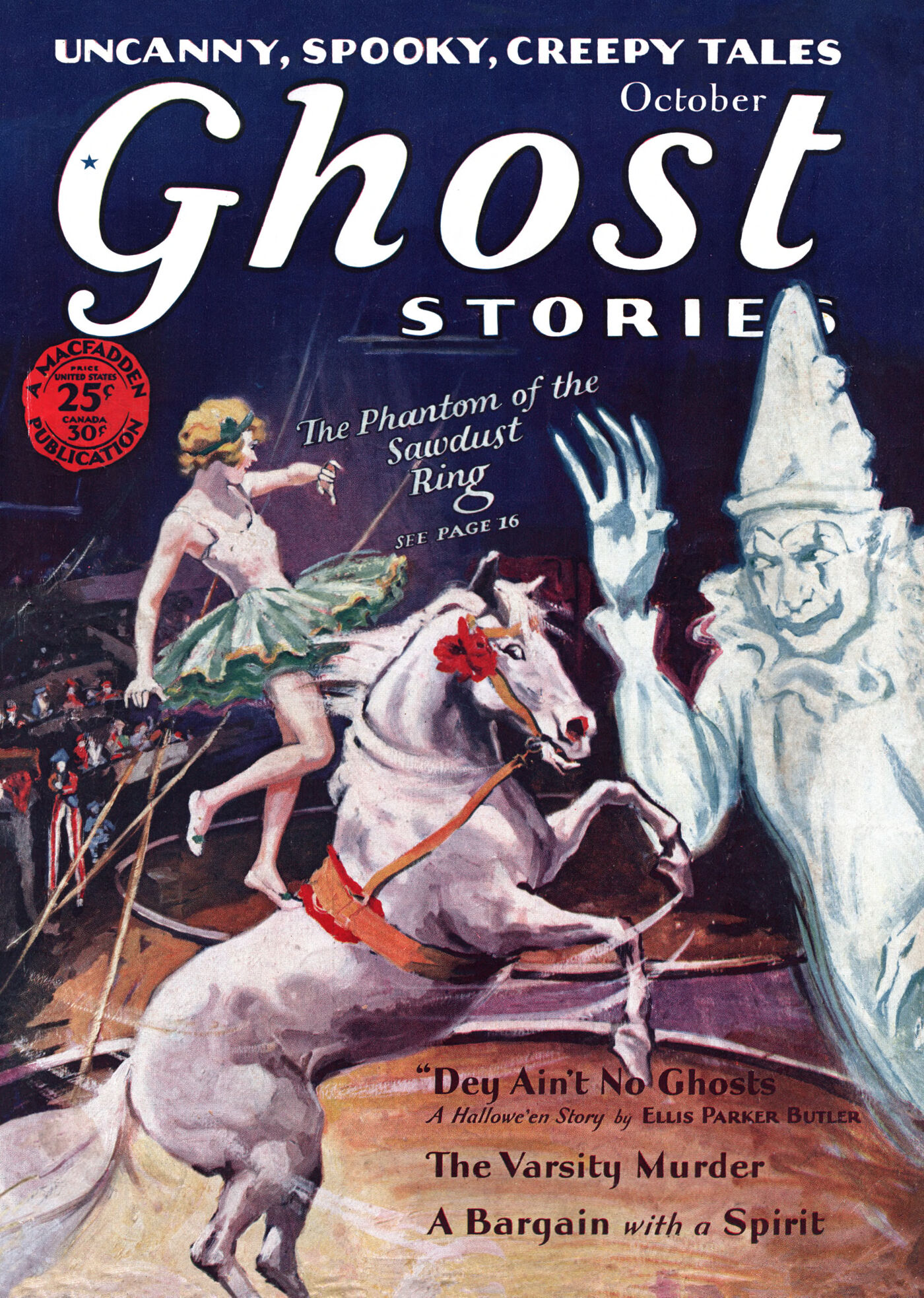Cover of Ghost Stories magazine, October 1929, a giant pale ghost clown with a pointed hat looming with outstretched hands over a startled white circus horse and a bareback rider in a tutu, under a dark blue big top