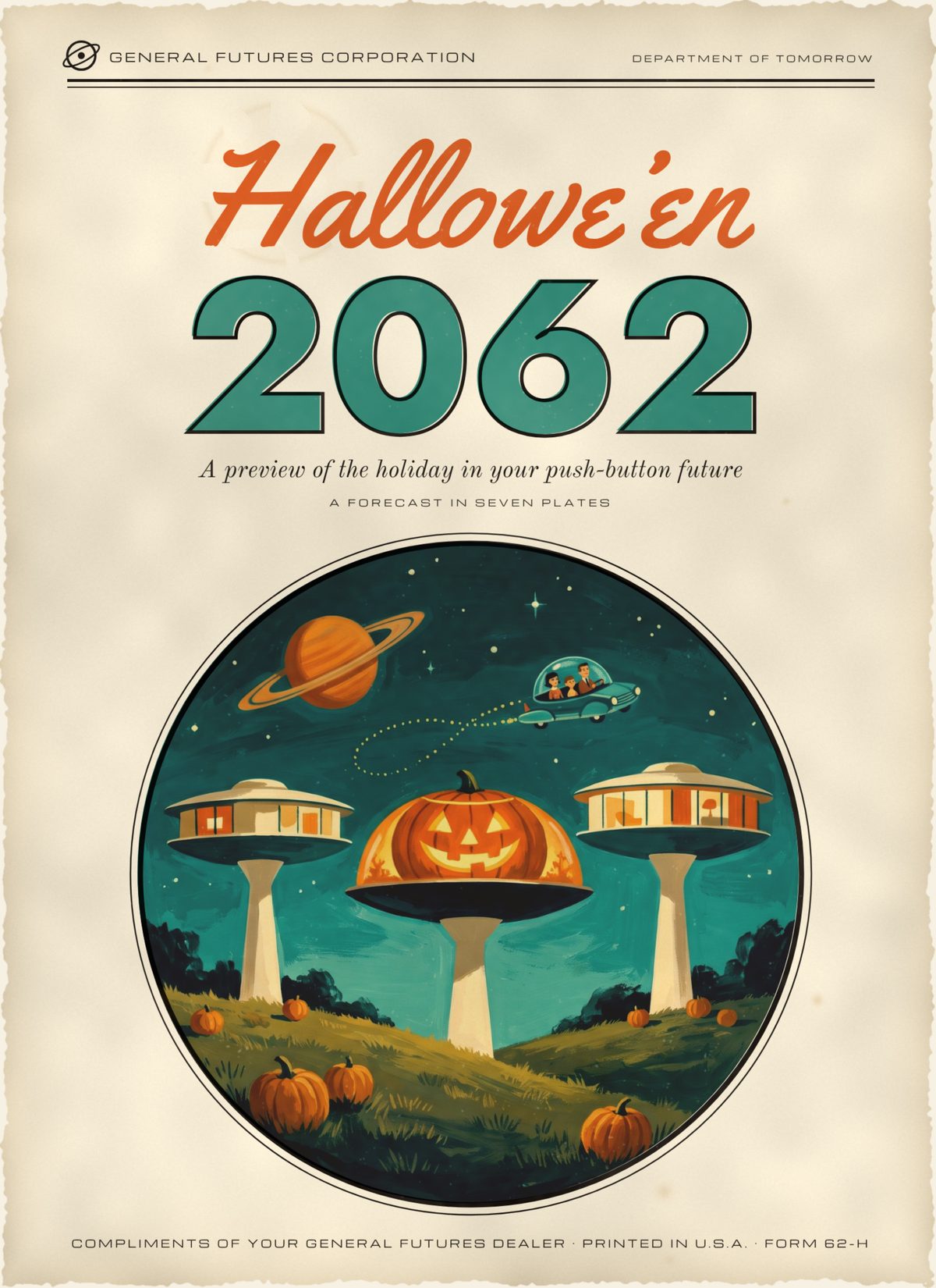 Cover of an aged 1962-style brochure titled Hallowe’en 2062, A preview of the holiday in your push-button future, from the fictional General Futures Corporation. A round painted porthole shows saucer houses on tall pylons at night, the middle dome glowing as a giant jack-o’-lantern, a flying car crossing a starry sky past a ringed planet, and pumpkins on the hillside.