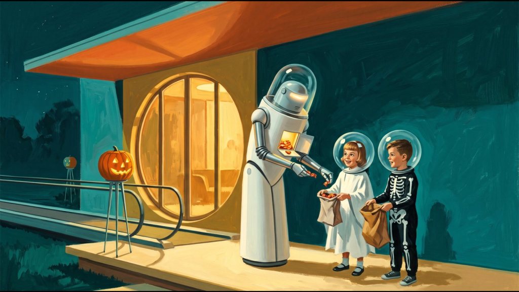 Mid-century style painting of a tall white robot with a glass dome head handing out candy at a round glowing door to two trick-or-treaters in bubble space helmets, a girl dressed as a ghost and a boy in a skeleton suit.