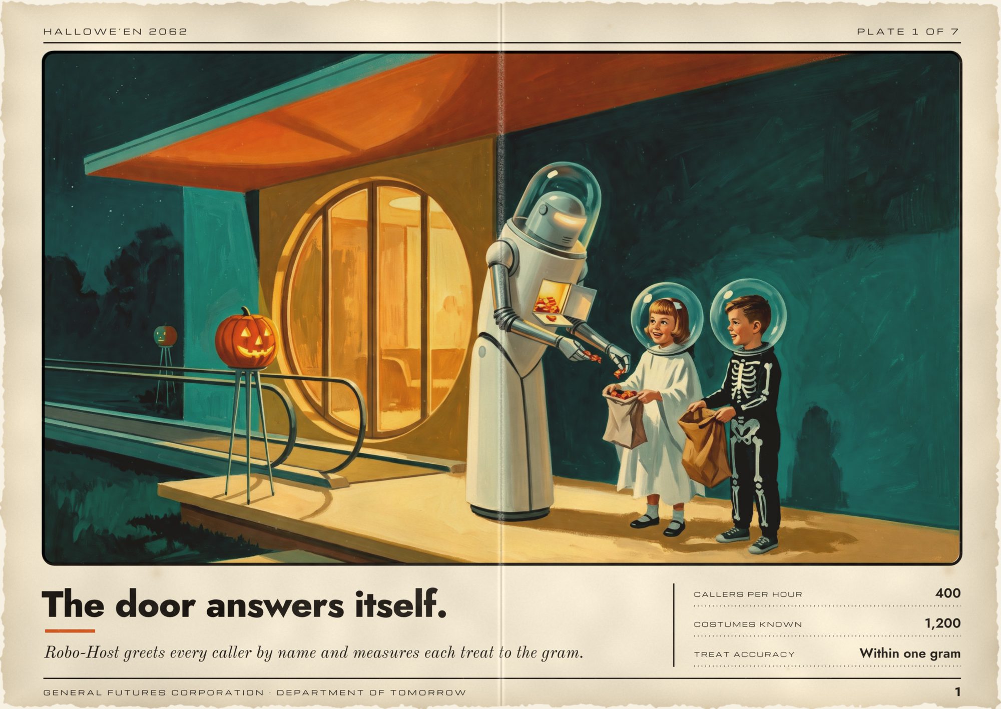 Aged brochure page headlined The door answers itself. A tall white robot with a glass dome head stands at a round glowing door, dropping candy from a lit compartment in its chest into the bags of a girl in a ghost sheet and a boy in a skeleton suit, both in bubble space helmets.