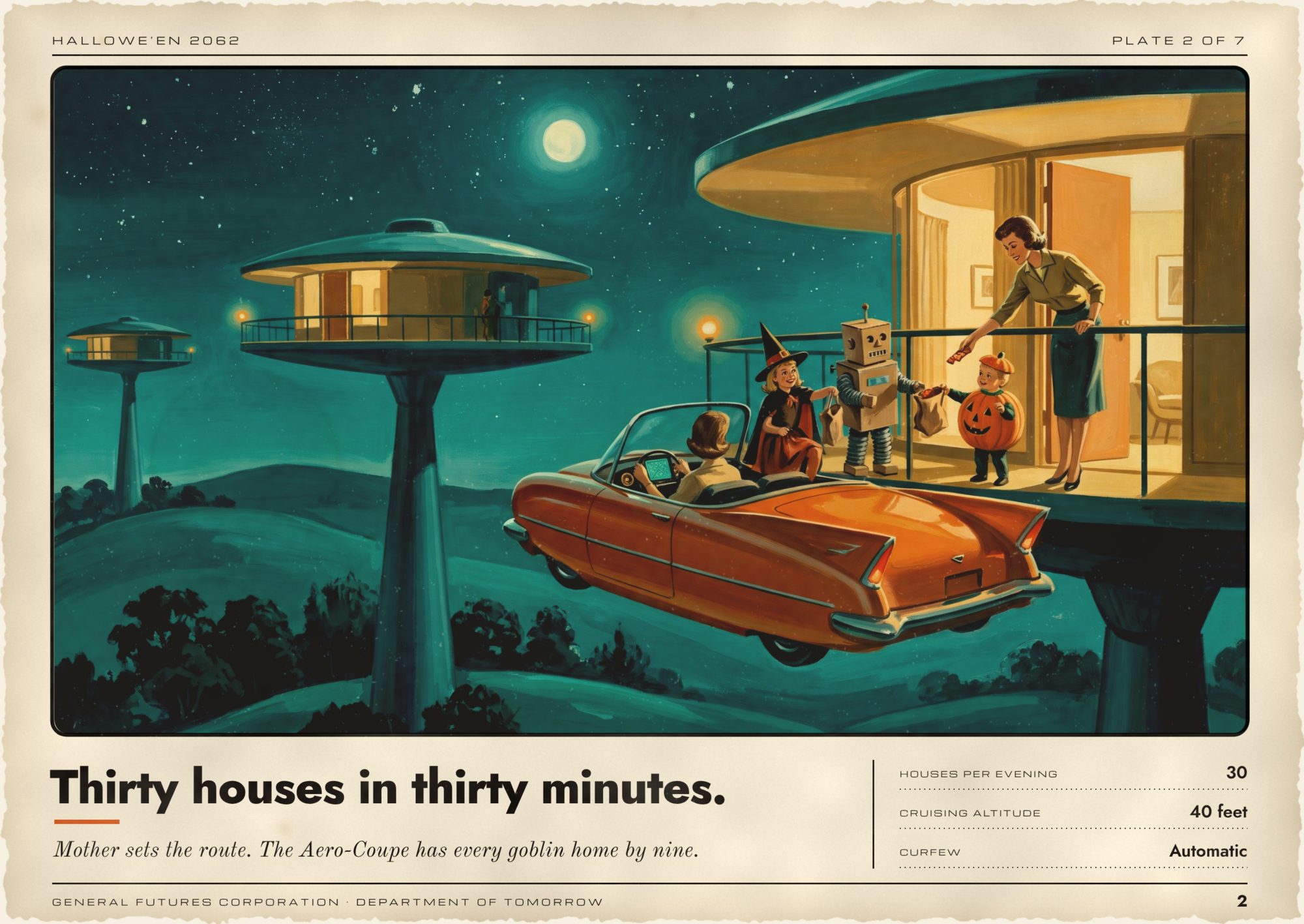 Aged brochure page headlined Thirty houses in thirty minutes. An orange flying convertible with tail fins hovers beside the balcony of a saucer house on a tall pylon at night, a mother at the wheel while a witch, a homemade robot and a pumpkin hold out treat bags to a woman handing out candy.