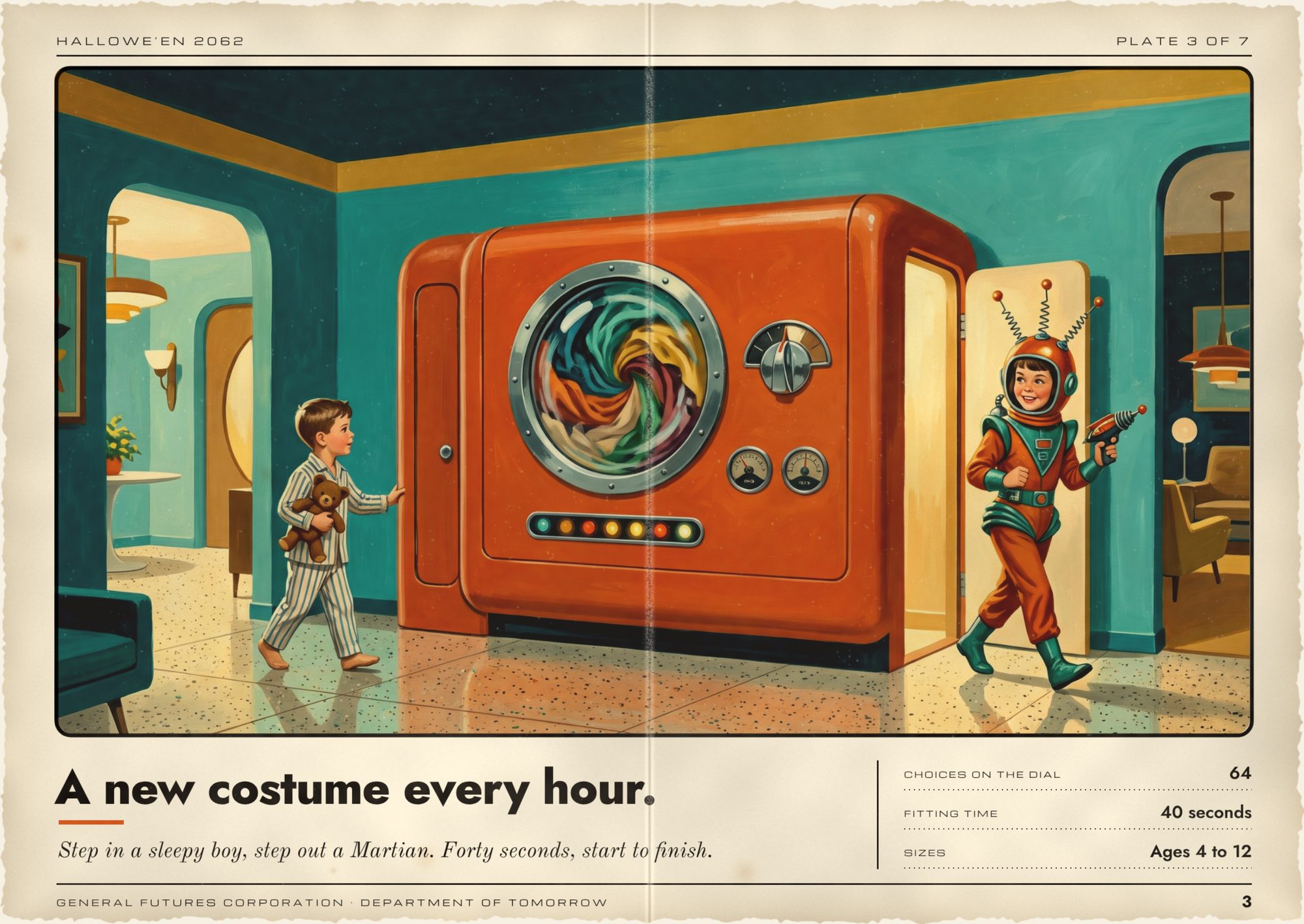 Aged brochure page headlined A new costume every hour. A big orange machine with a porthole full of swirling fabric; a boy in striped pajamas with a teddy bear walks in one side while a grinning girl in a Martian space costume with springy antennae and a ray gun steps out the other.