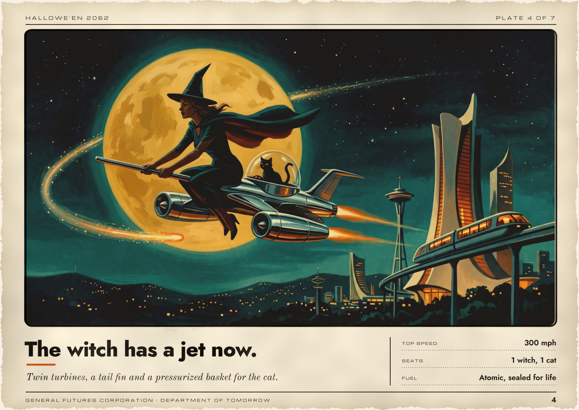 Aged brochure page headlined The witch has a jet now. A witch in a pointed hat and flowing cape rides a chrome jet broom with twin turbines past a huge yellow moon, a black cat in a bubble basket behind her, above a Space Age skyline with a needle tower and a monorail.
