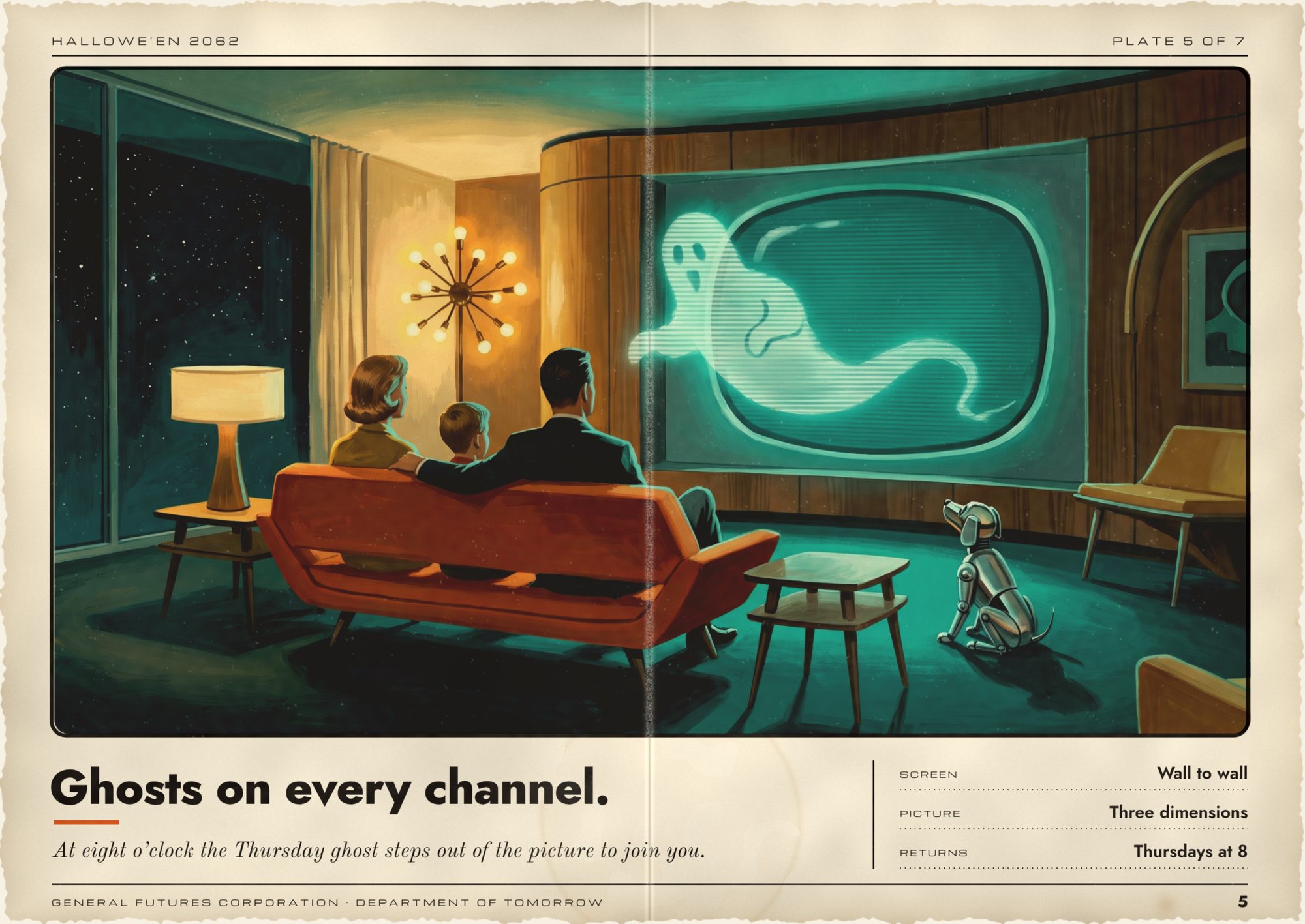 Aged brochure page headlined Ghosts on every channel. A family seen from behind on an orange sofa watches a wall-sized television as a glowing ghost made of scan lines drifts out of the screen into the room, while a chrome robot dog sits up to watch and a starburst lamp glows.