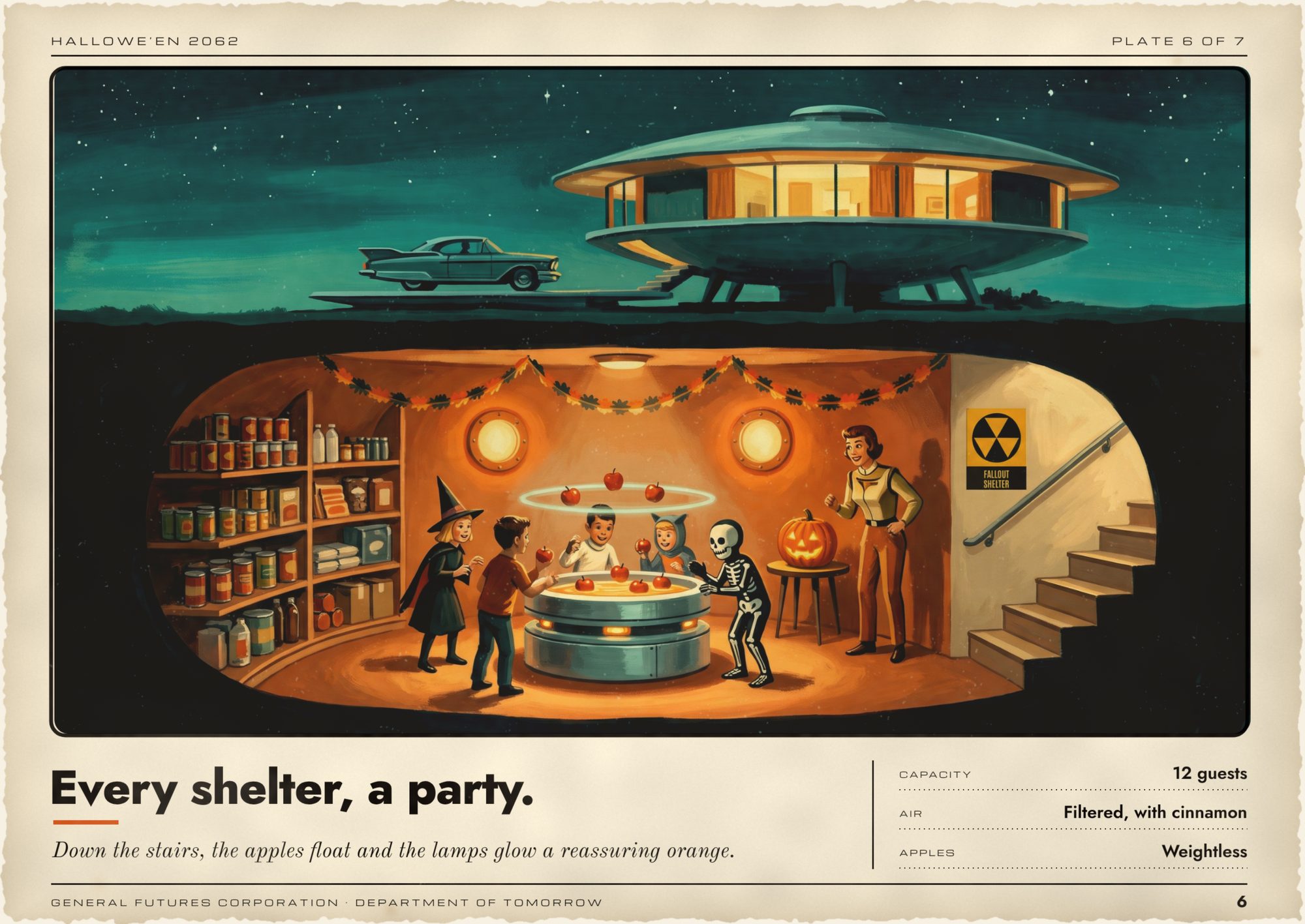 Aged brochure page headlined Every shelter, a party. A cutaway of a saucer house at night above a rounded underground shelter lit by orange porthole lamps, where children in witch, skeleton and other costumes reach for apples floating in a glowing ring above a tub, beside shelves of canned food and a yellow and black fallout shelter sign.