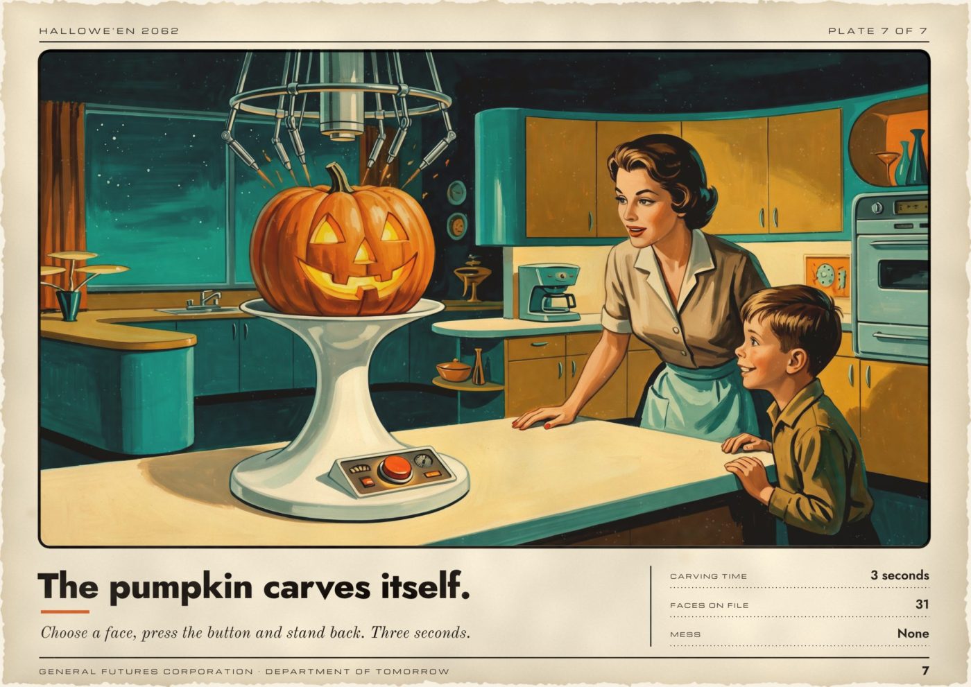 The same page after carving: the pumpkin now has a grinning jack-o’-lantern face glowing warm yellow from inside, and the boy breaks into a smile.
