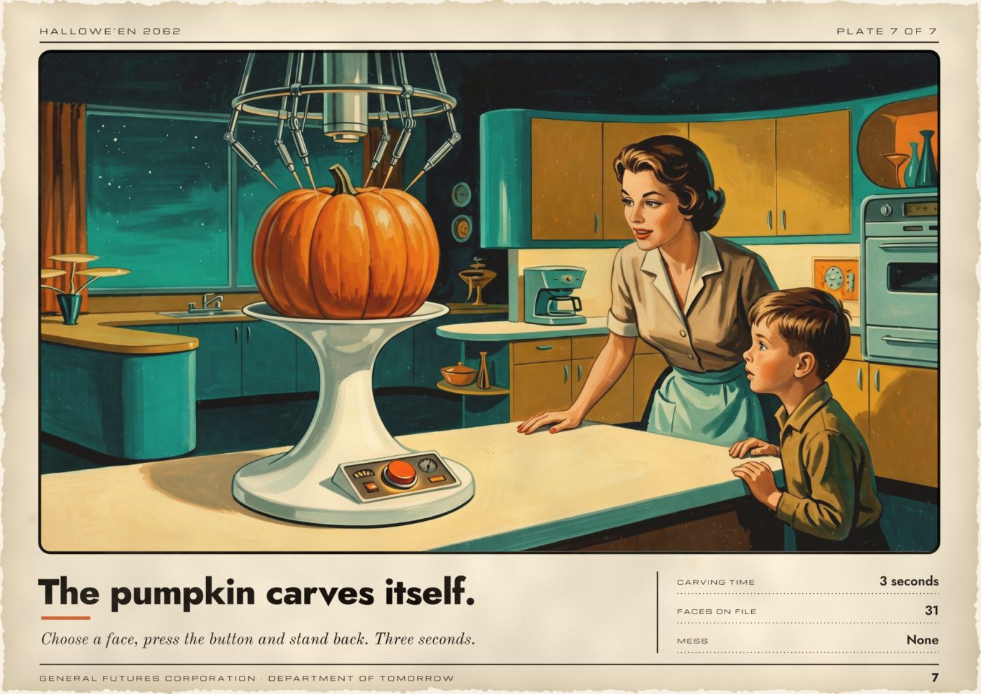 Aged brochure page headlined The pumpkin carves itself: an uncarved pumpkin on a white tulip pedestal under a ring of chrome carving arms in a turquoise and mustard kitchen, a mother and her son leaning in to watch.