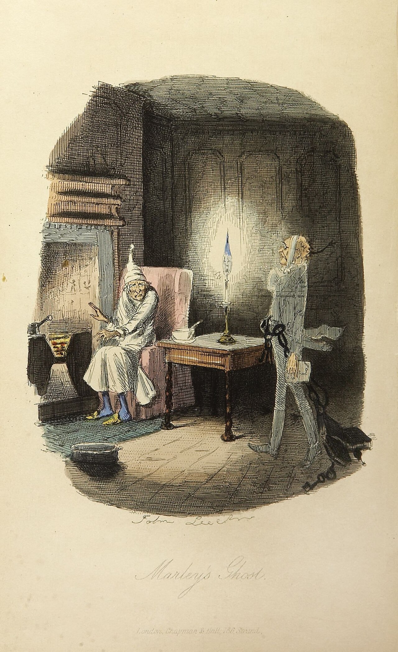 John Leech hand-colored etching of Scrooge in a dressing gown and nightcap sitting by the fire, startled, as the translucent ghost of Jacob Marley stands before him wrapped in chains, cash boxes and padlocks, a candle burning on the table