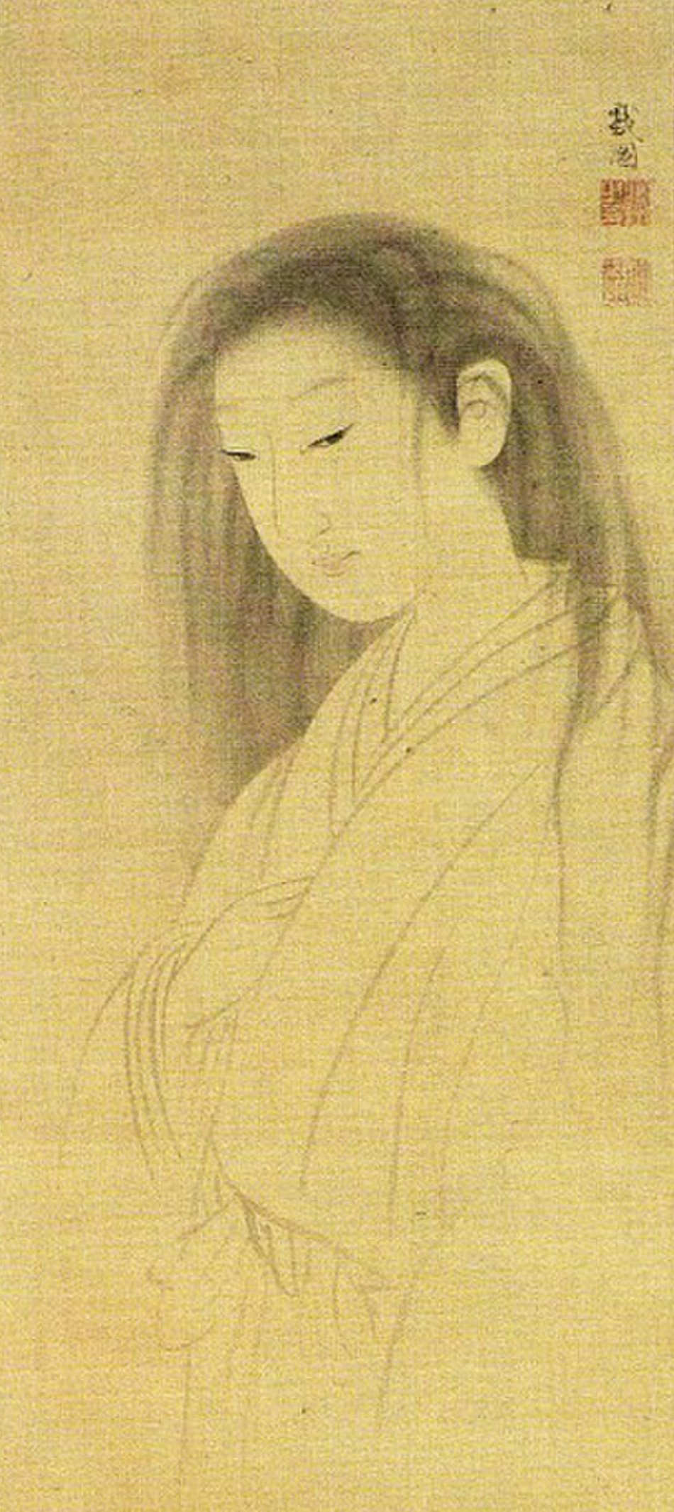 Hanging scroll by Maruyama Ōkyo of the ghost of Oyuki, a pale young woman with long loose black hair falling past her shoulders, eyes lowered, wearing a white robe whose lines fade into the bare silk below her hands
