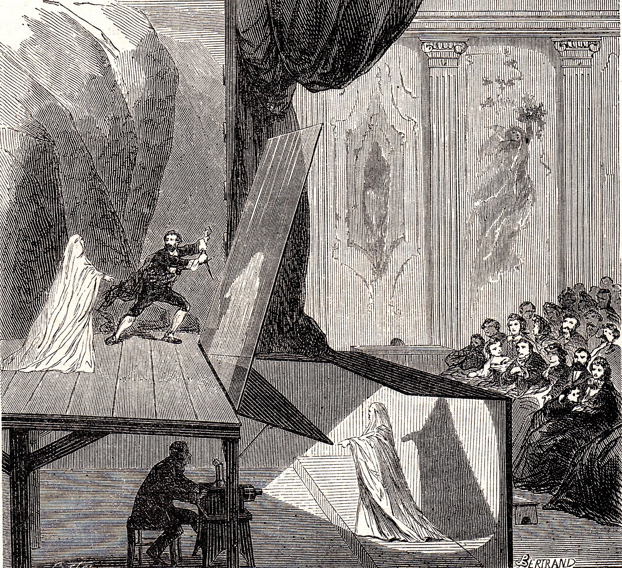 Engraving from Le Monde Illustré, 1865, showing a cutaway of a theater: on stage an actor lunges with a sword at a translucent ghost, while below the stage a hidden lit figure in white is reflected up onto a large angled sheet of glass, the audience watching in the dark