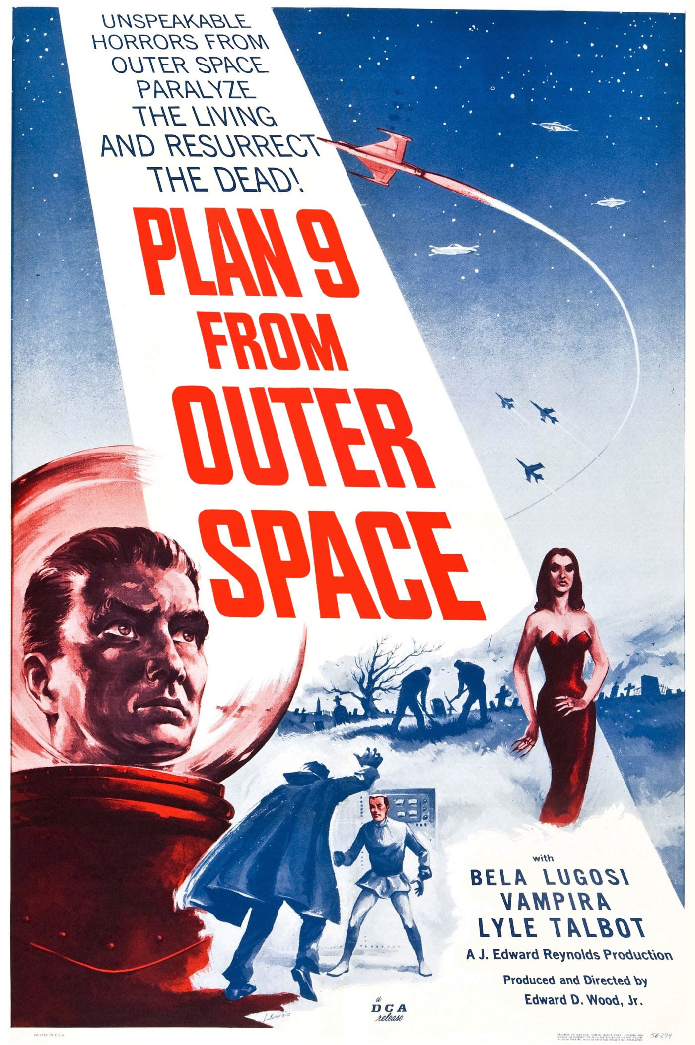 Poster for Plan 9 from Outer Space: a stern helmeted spaceman, a woman in a black gown and gravediggers under a rocket trail, with the words Unspeakable horrors from outer space paralyze the living and resurrect the dead