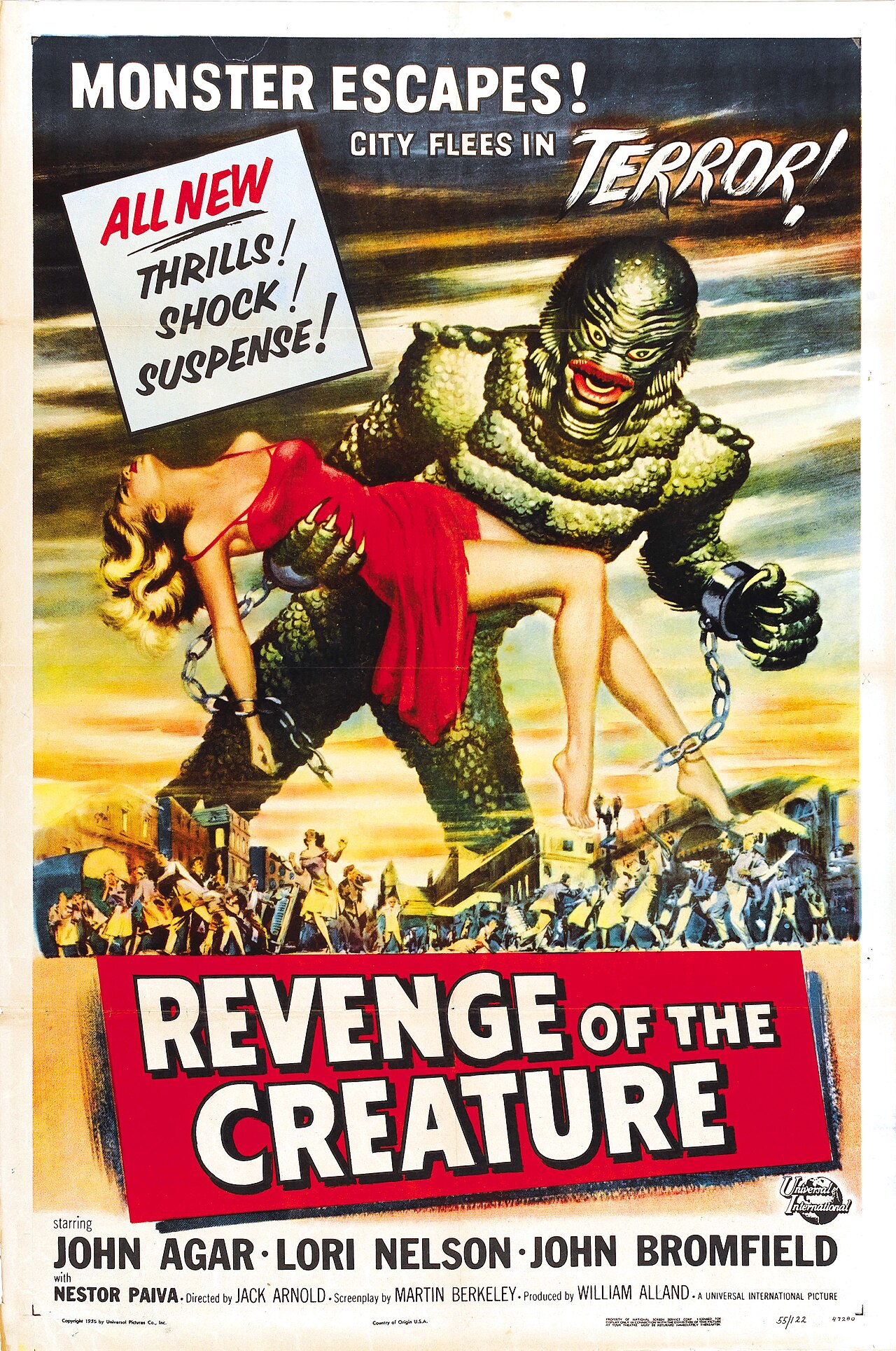 Reynold Brown one-sheet poster for Revenge of the Creature, 1955, a giant green Gill-man with broken chains on his wrists looming over a street of fleeing people and carrying an unconscious blonde woman in a red dress against a stormy amber and charcoal sky, title in a red banner