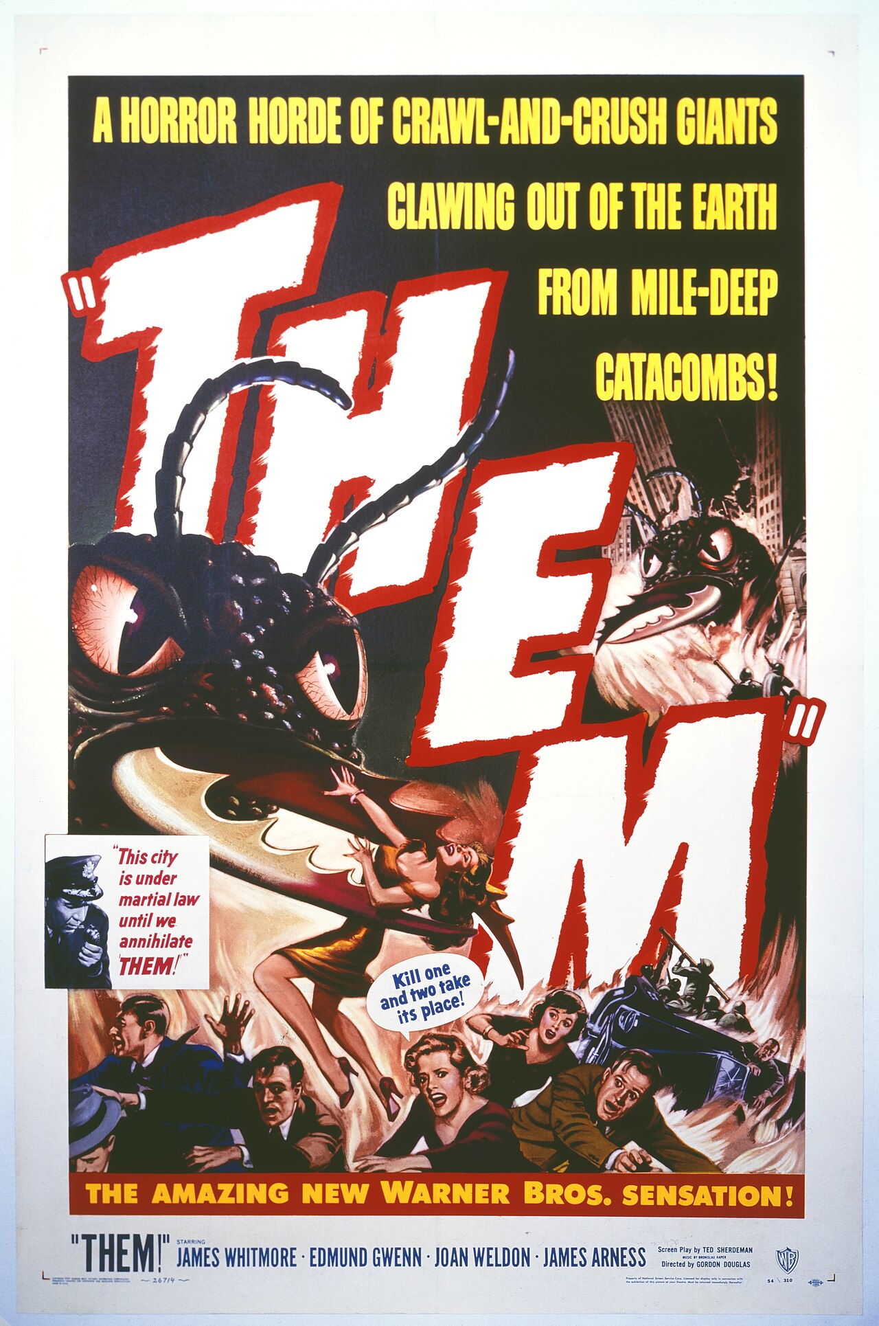 One-sheet poster for Them! from 1954, a near-silhouetted giant black ant with long antennae looming at left over a screaming woman, the title in huge jagged red and white letters, and below it a panicked crowd and soldiers with a flamethrower in a dark street